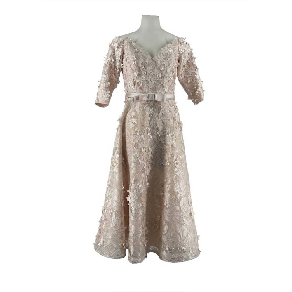 NEW FRASCARA women's belted fleurette off shoulder midi dress in champagne